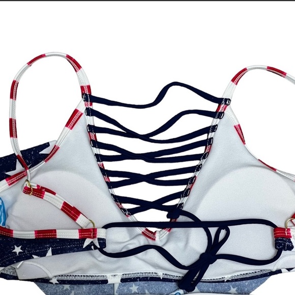 NWT California Waves USA Flag Flounce Bikini Top M Medium Juniors Lace Up Front - Picture 6 of 10